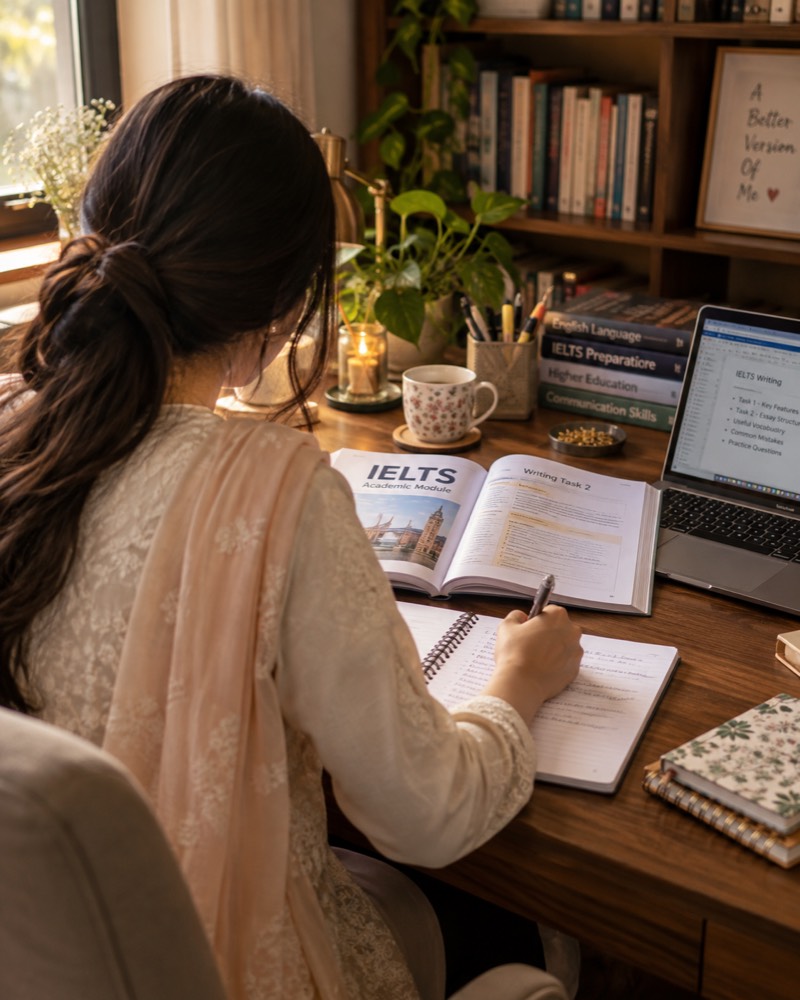 Sna at her desk preparing IELTS lessons